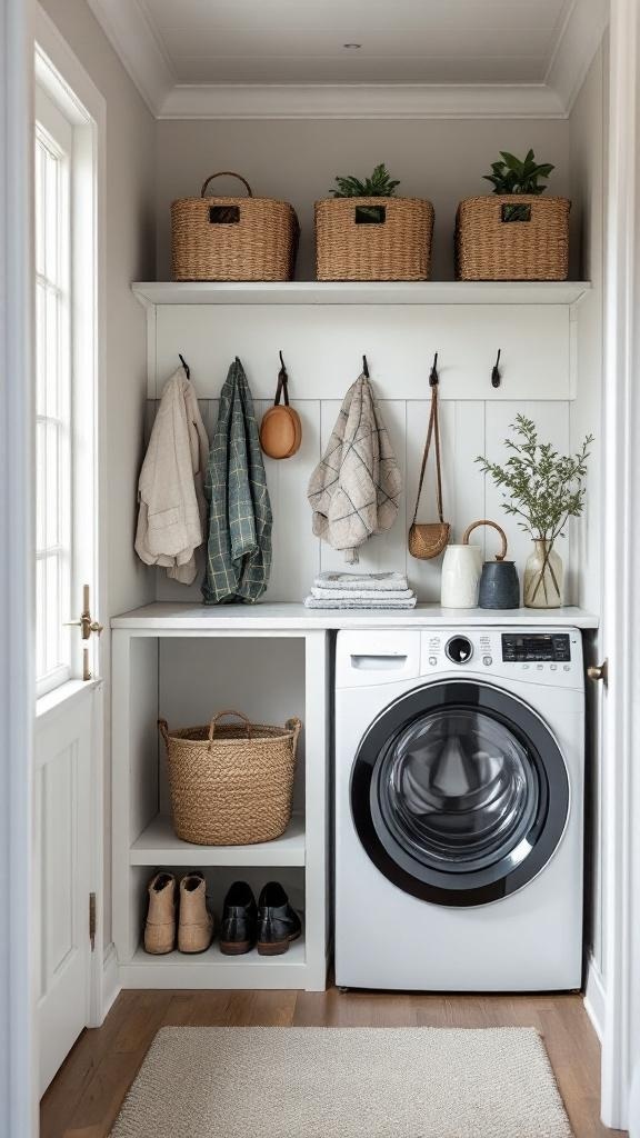 A small laundry room with a washer, storage baskets, and hooks for coats.