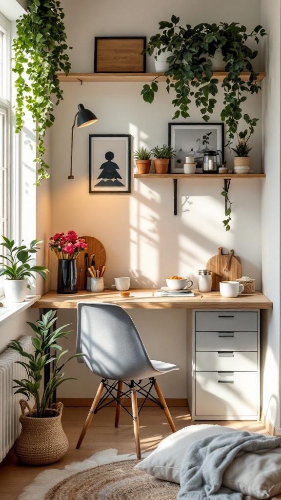 A cozy tiny home office corner with a desk, plants, and a refreshment area.