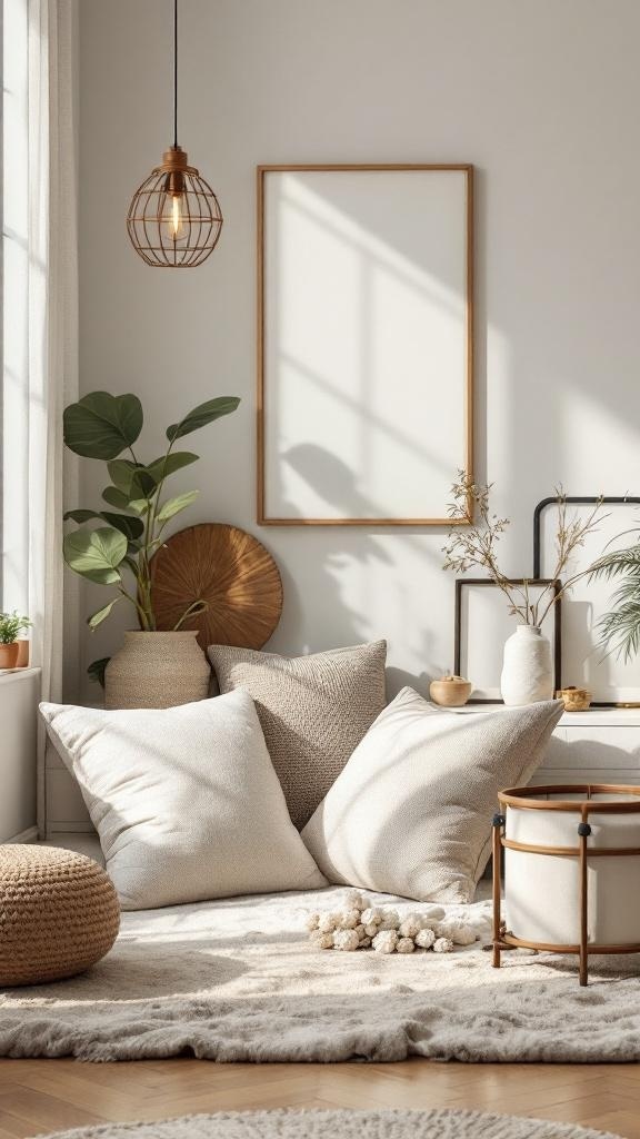 A serene meditation space with soft pillows, plants, and a cozy rug.
