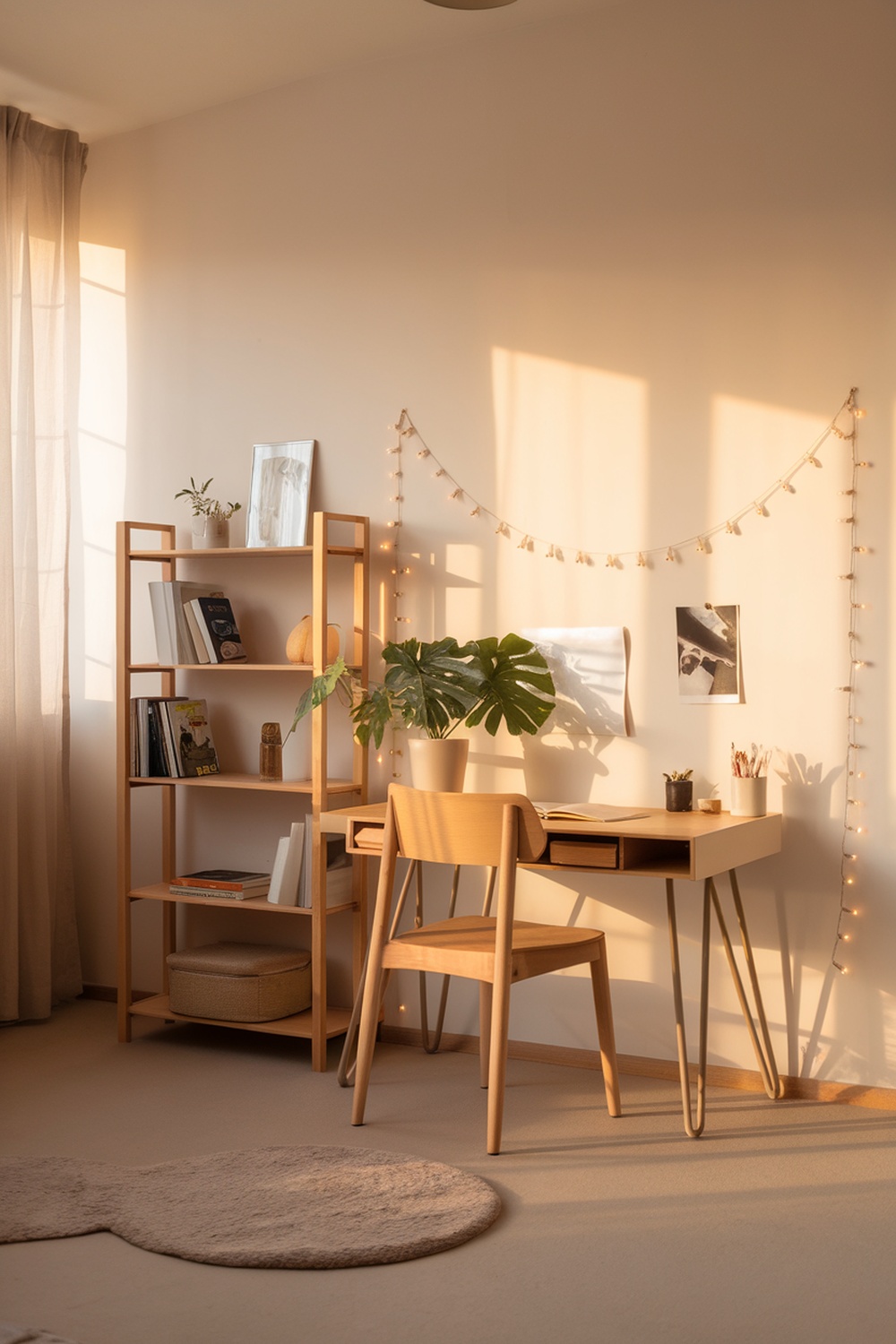 A minimalist home office with a wooden desk, chair, and open shelving, featuring plants and soft lighting.