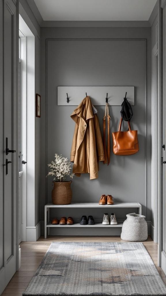 Stylish grey hallway with coat rack, bench, shoes, and decorative plant