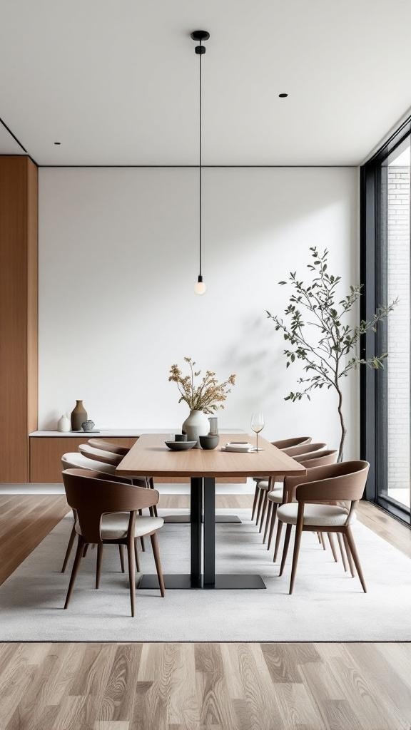 A minimalist dining room featuring a long wooden table with stylish chairs, large windows, and a simple centerpiece.