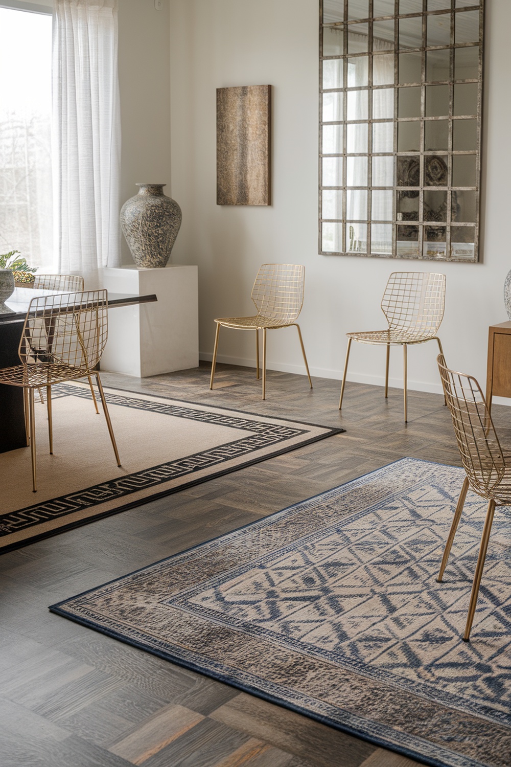 A stylish dining room featuring two area rugs, one under the dining table and another nearby, creating distinct zones.