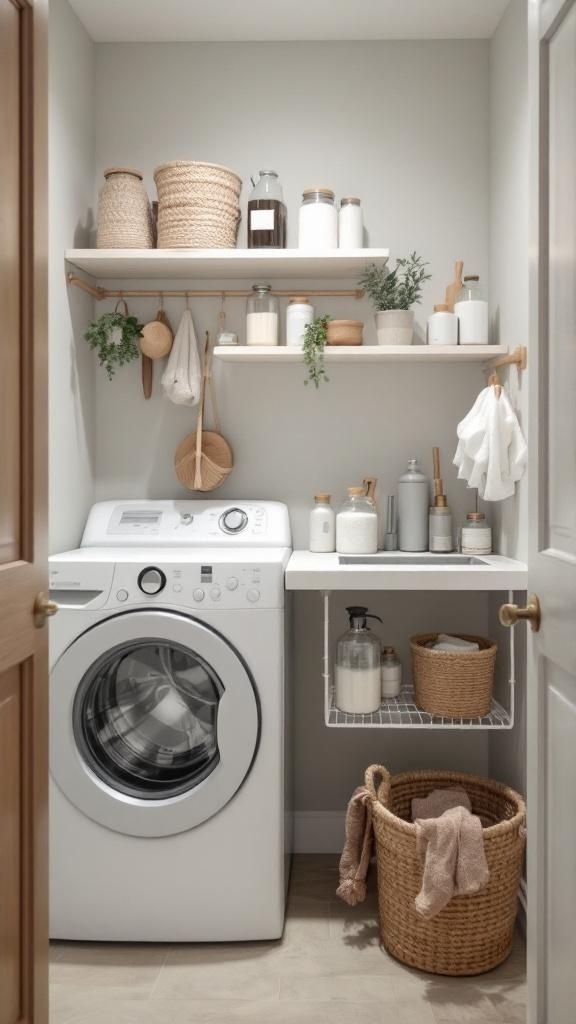 A small laundry room with a washing machine, open shelves, and organized storage for detergents and cleaning supplies.