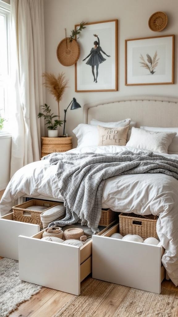 Cozy bedroom with under-bed storage and decorative elements