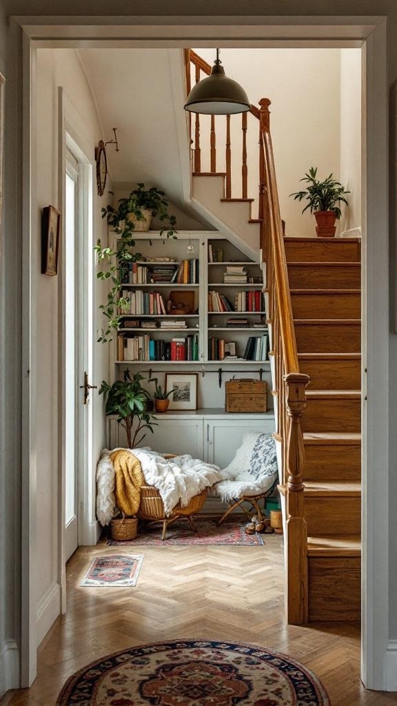 Cozy reading nook under stairs with bookshelves, plants, and a comfortable chair.