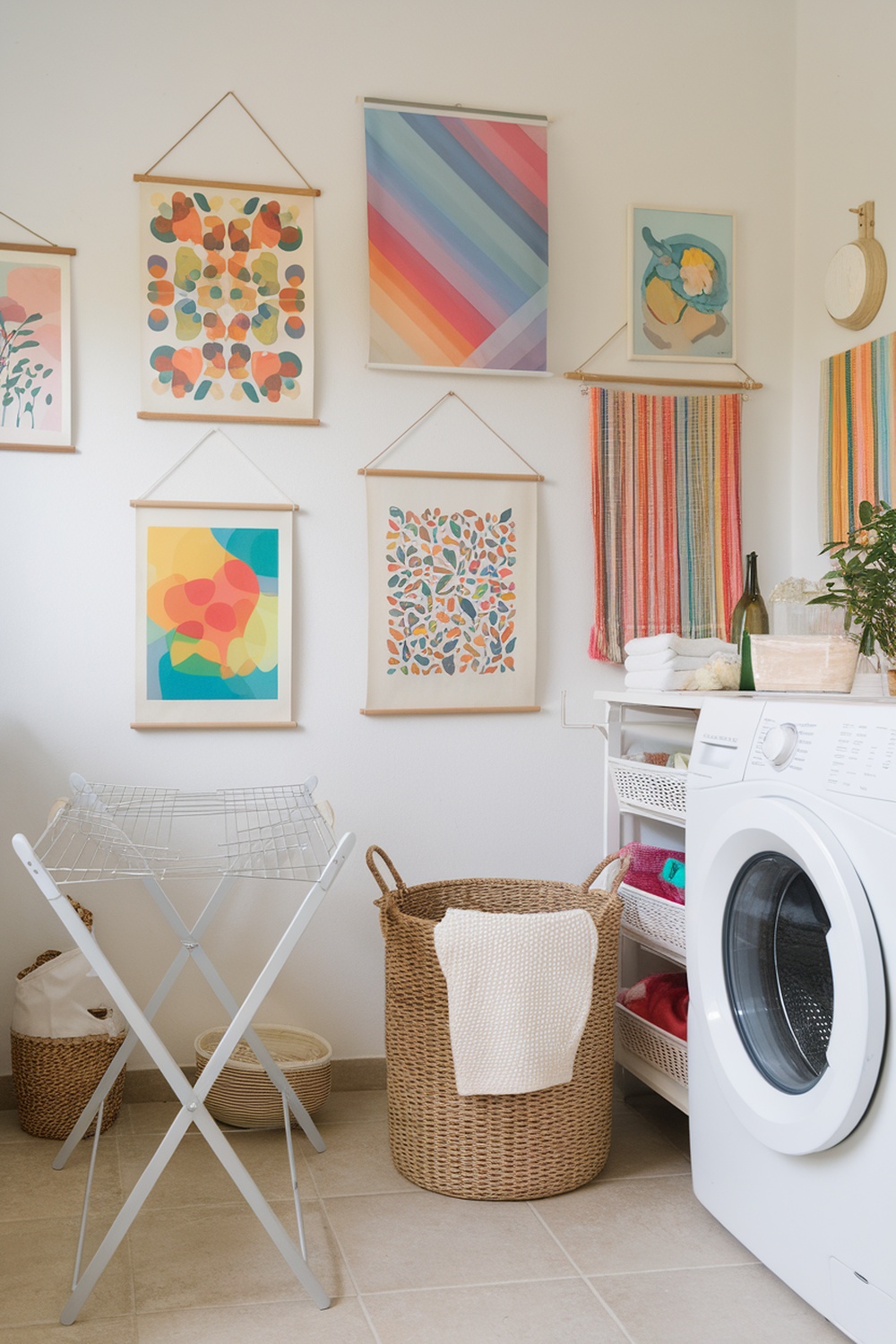 A colorful laundry room with vibrant wall art and a washing machine.