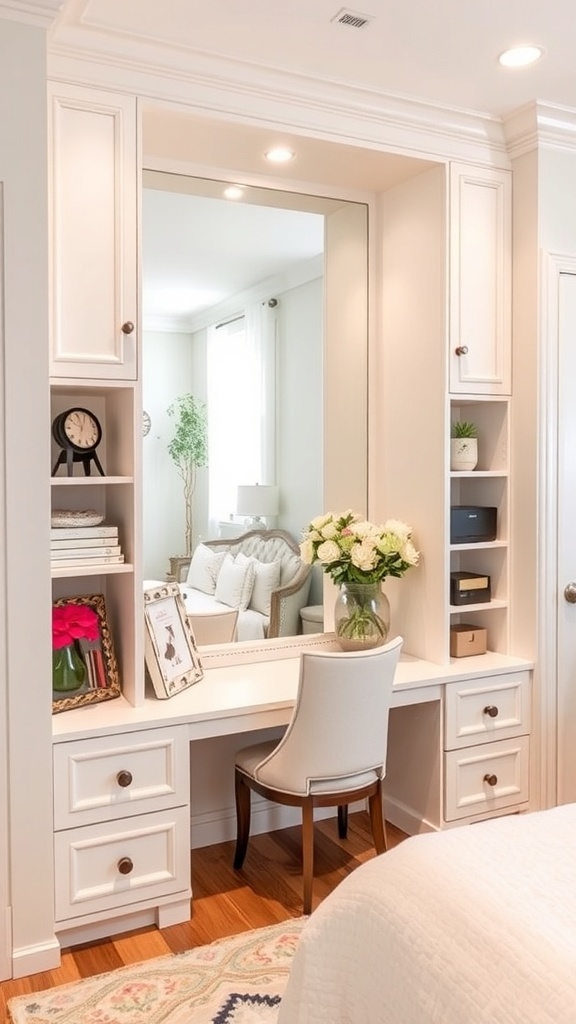 A beautifully designed built-in vanity with white cabinetry, a mirror, and warm lighting.