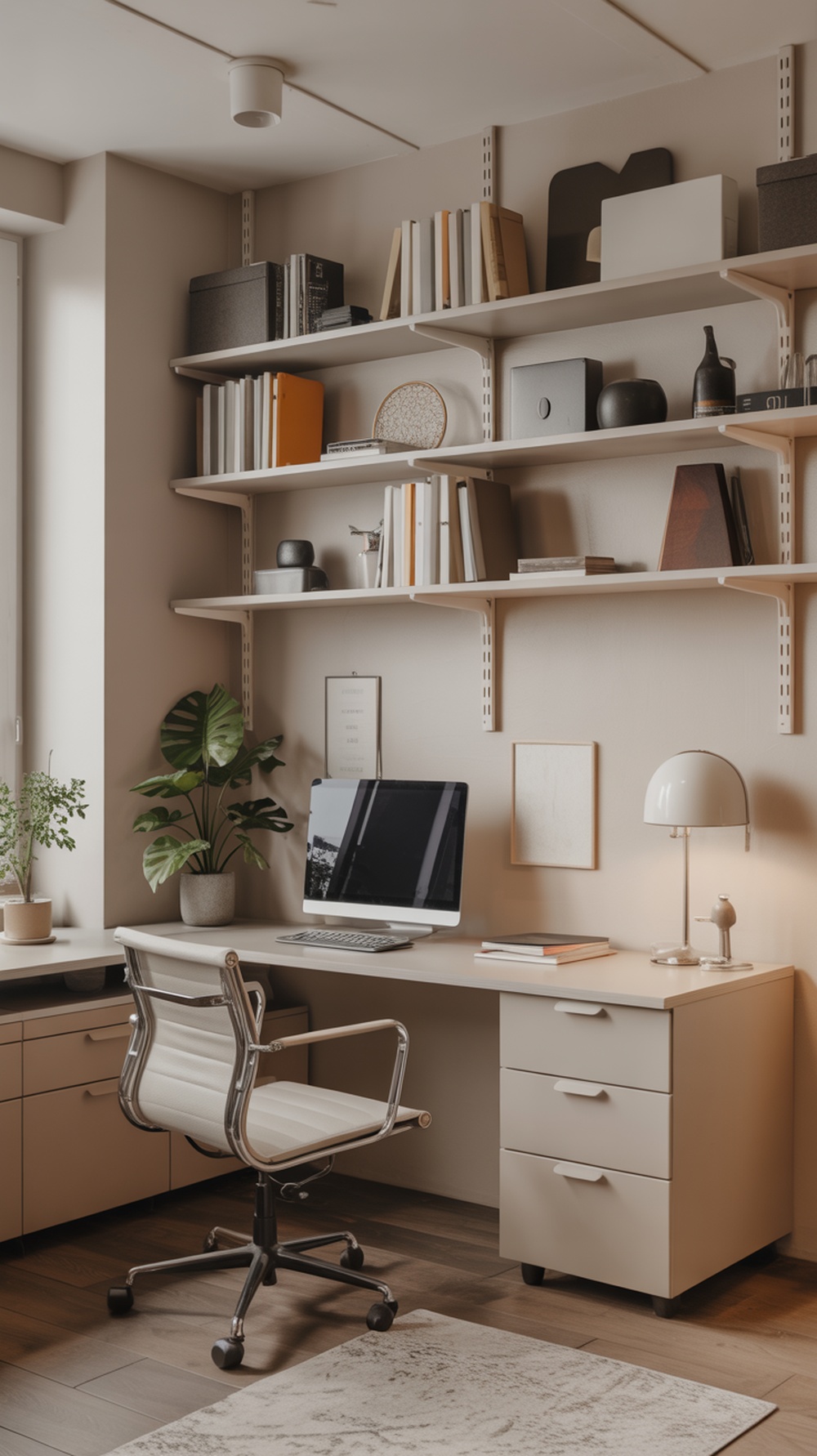A modern home office with a clean desk, organized shelves, and a plant, promoting productivity.