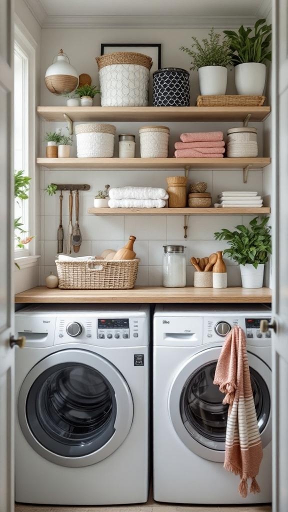 A stylish laundry room featuring organized shelves with baskets, towels, and plants, alongside modern washing machines.
