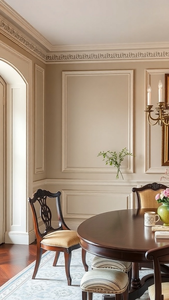 Elegant dining room with decorative wall molding and wooden furniture