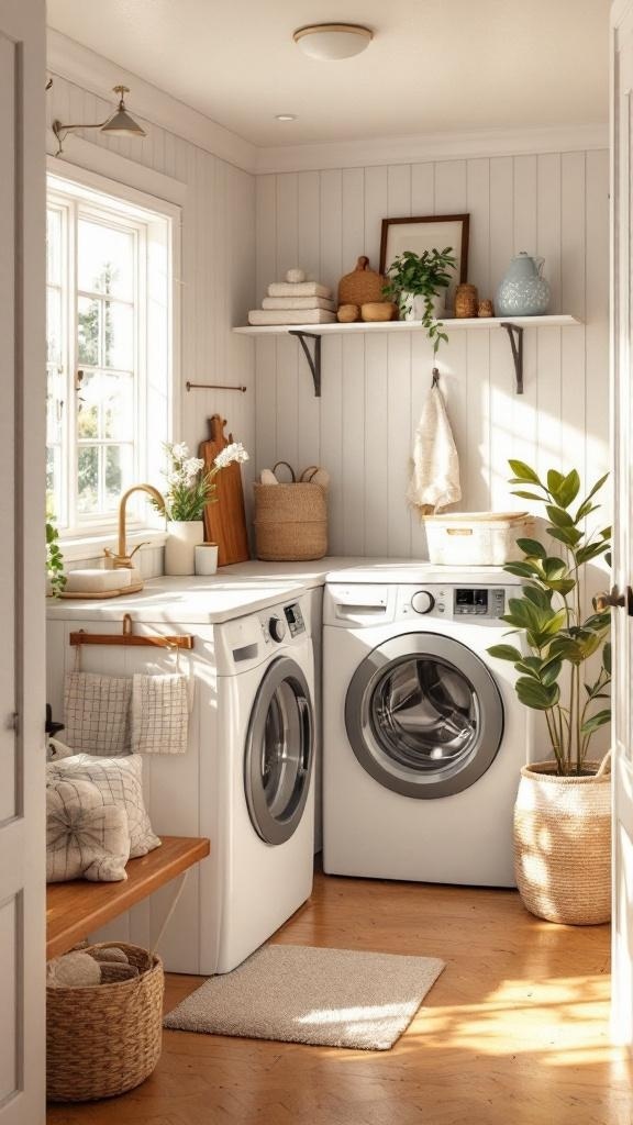Cozy small laundry room with white appliances, wooden bench, and plants