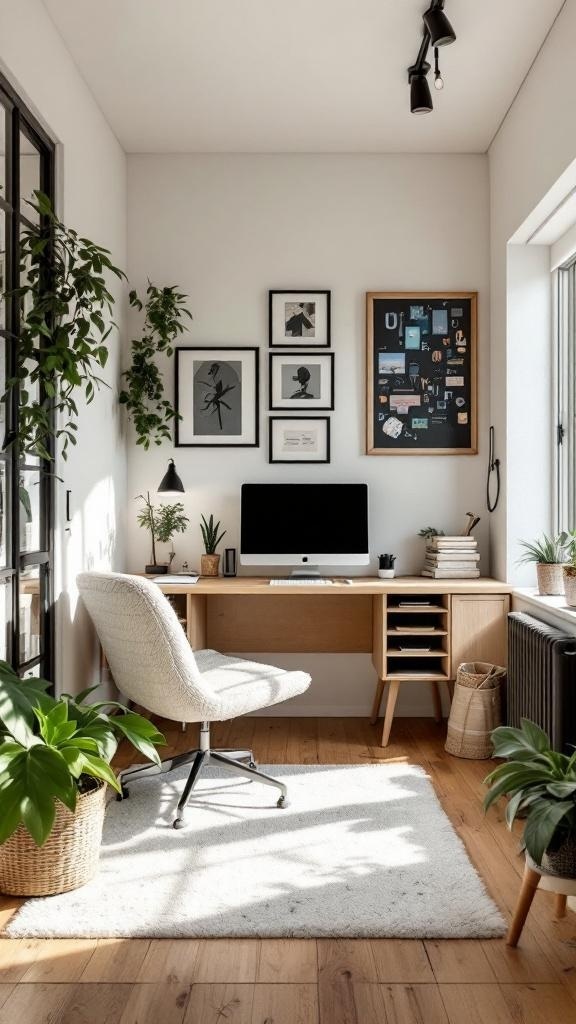 A cozy tiny home office with a desk, computer, and plants, designed for productivity.