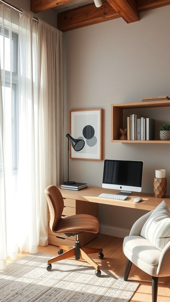 A cozy Japandi home office featuring a wooden desk, computer, plants, and soft furnishings.