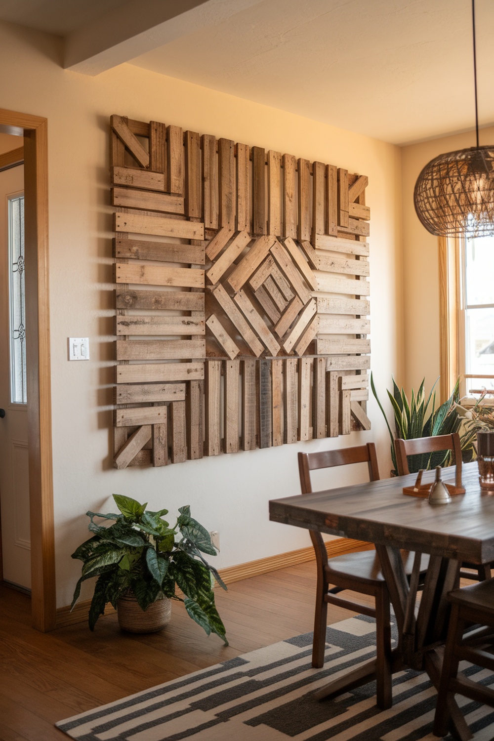 DIY wooden wall art in a dining room