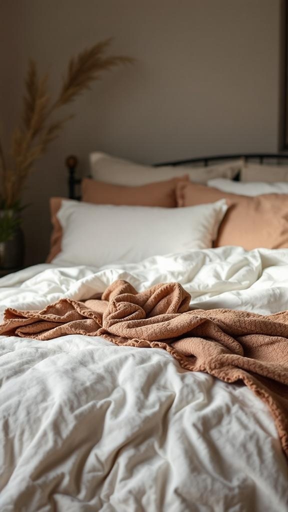A cozy bed with white bedding and a warm, earthy blanket, surrounded by soft pillows.