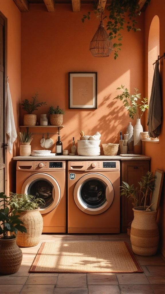 Laundry room with terracotta walls, modern appliances, and plants.