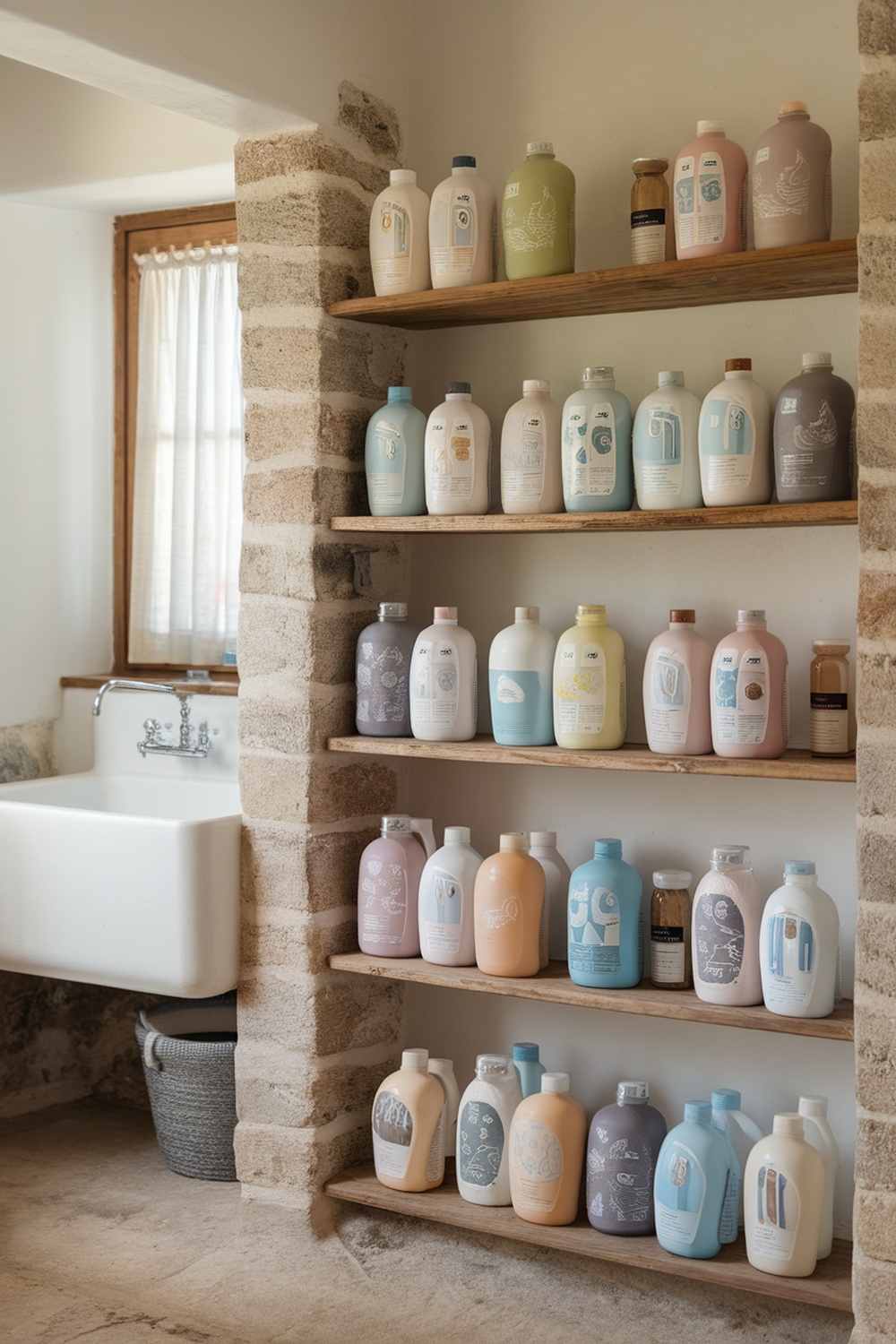 A shelf displaying various eco-friendly laundry detergents in colorful bottles.