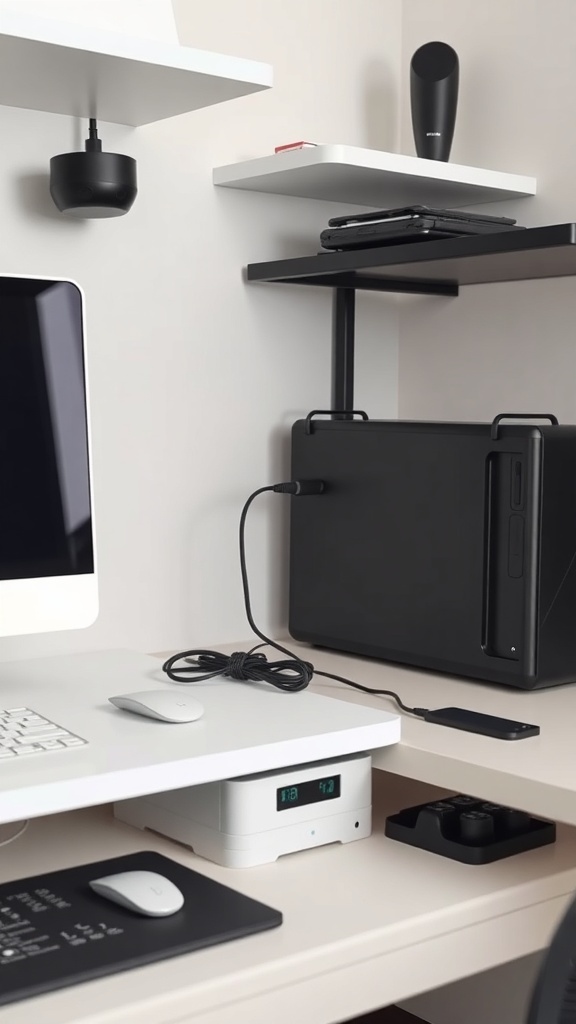 A clean home office setup with an organized cable management system, featuring a computer, keyboard, and neatly arranged cables.