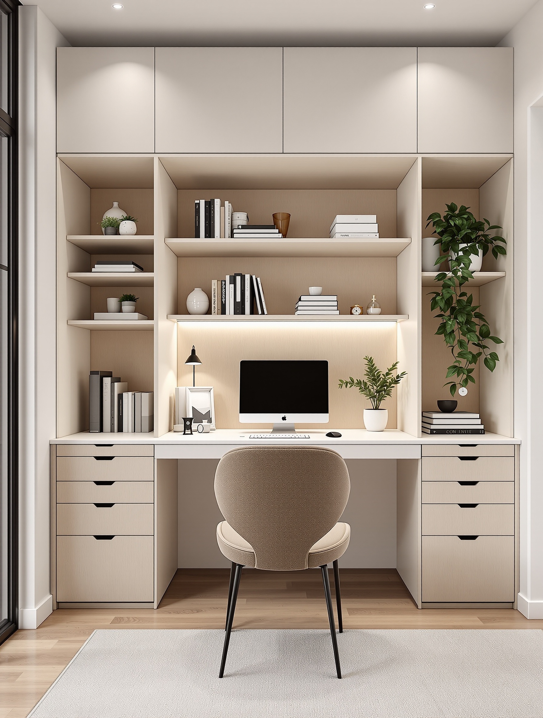 Minimalist home office with open shelving and a simple desk setup