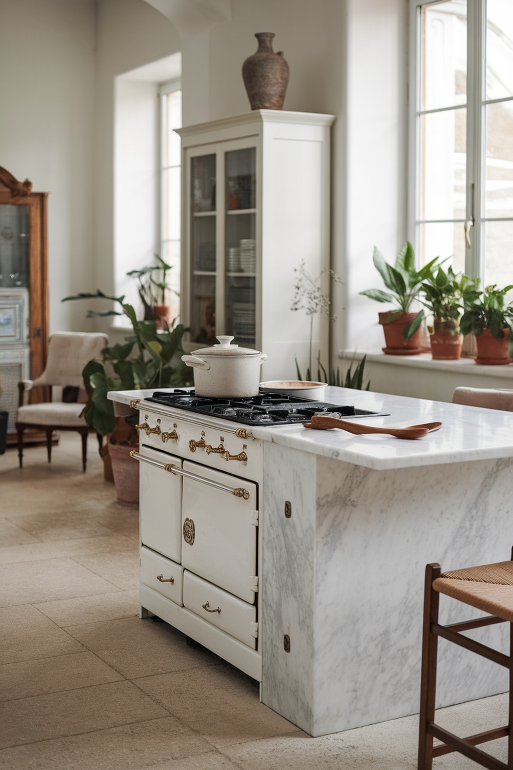 A stylish white kitchen with a marble island and bar seating, featuring plants and natural light.