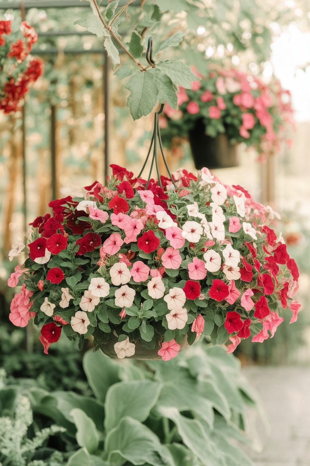 Hanging basket filled with red, pink, and white calibrachoa flowers