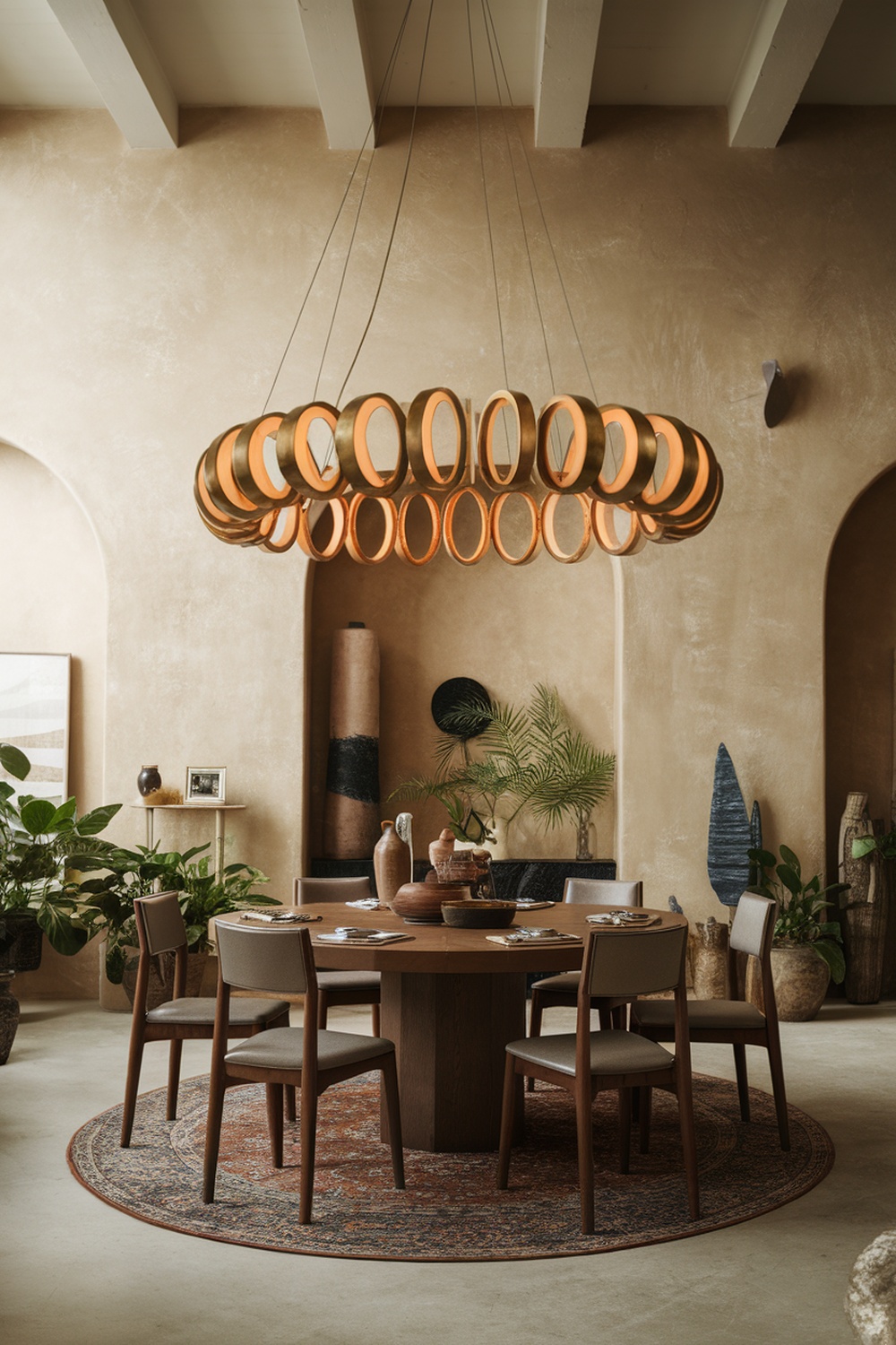 A stylish dining room featuring a modern chandelier with circular shapes, surrounded by plants and a wooden dining table.