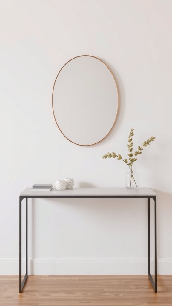 A minimalist vanity with a round mirror, a white floating cabinet, and a plant.