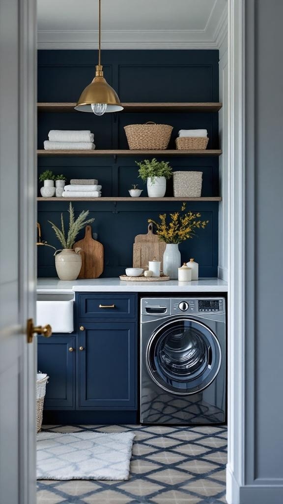 A stylish laundry room featuring navy blue cabinets and walls, with wooden shelves and decorative items.