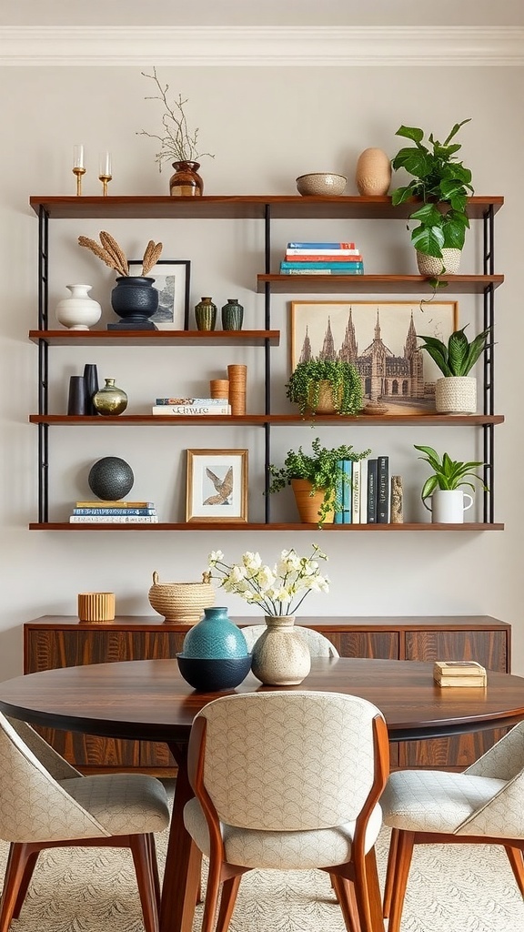 Stylish wall shelves with plants and decor items in a dining room setting
