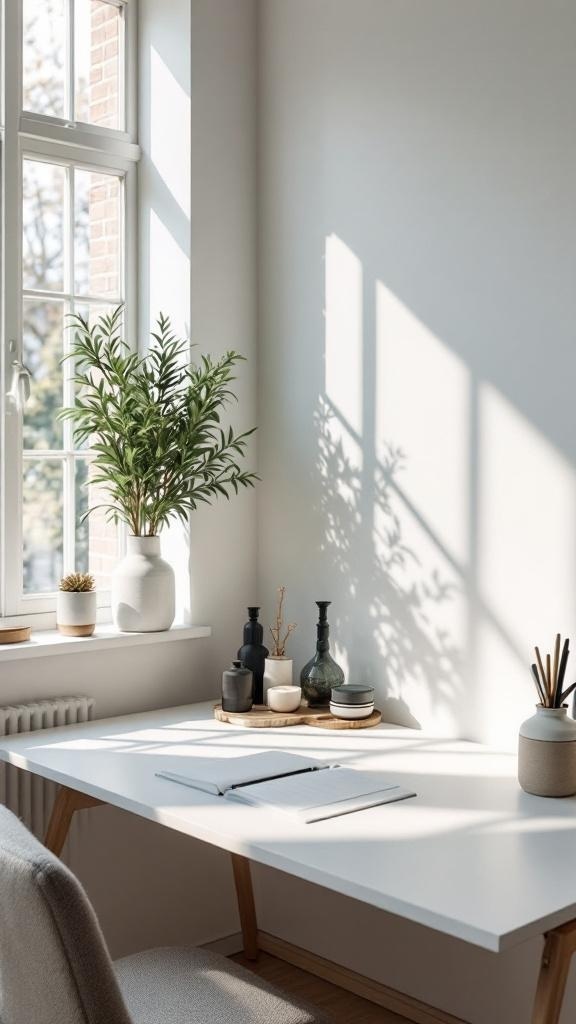 A minimalist Japandi home office with a bright desk, plants, and natural light.