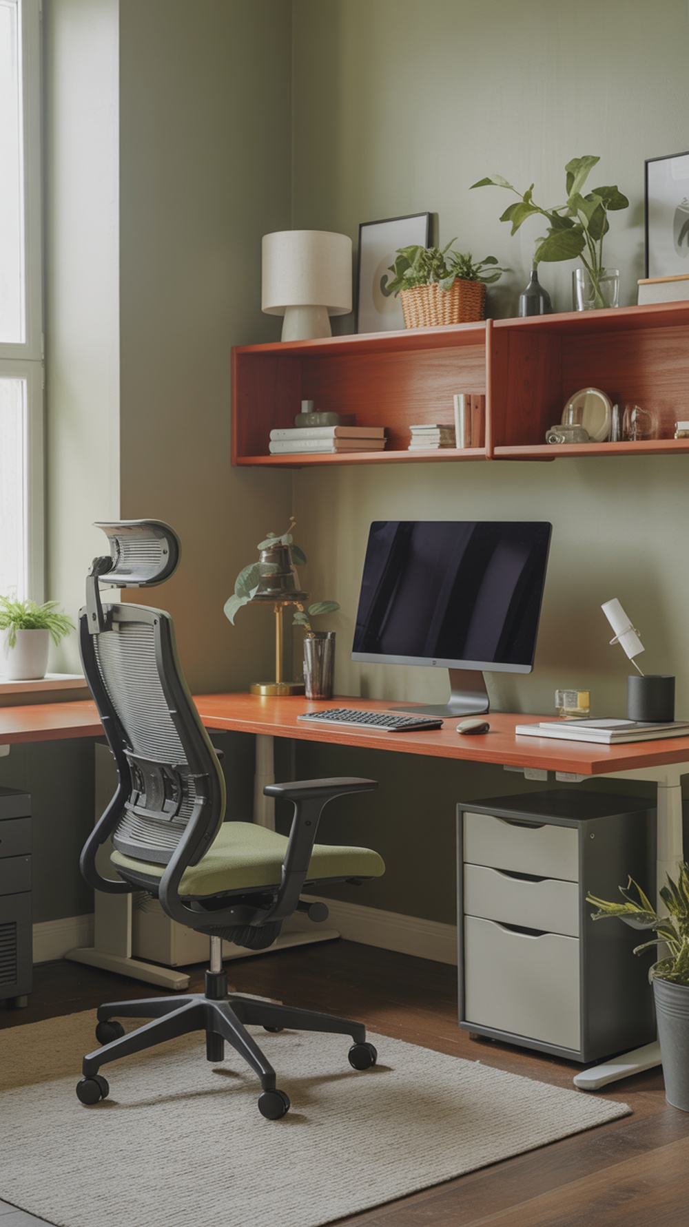 A cozy ergonomic home office setup with a green chair, large monitor, and natural light.