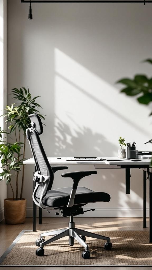 A modern ergonomic office chair in a bright home office with plants and a minimalist desk.