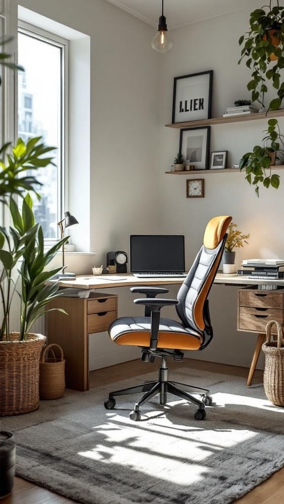 A cozy tiny home office featuring an ergonomic chair, a desk with storage, and natural light from a window.