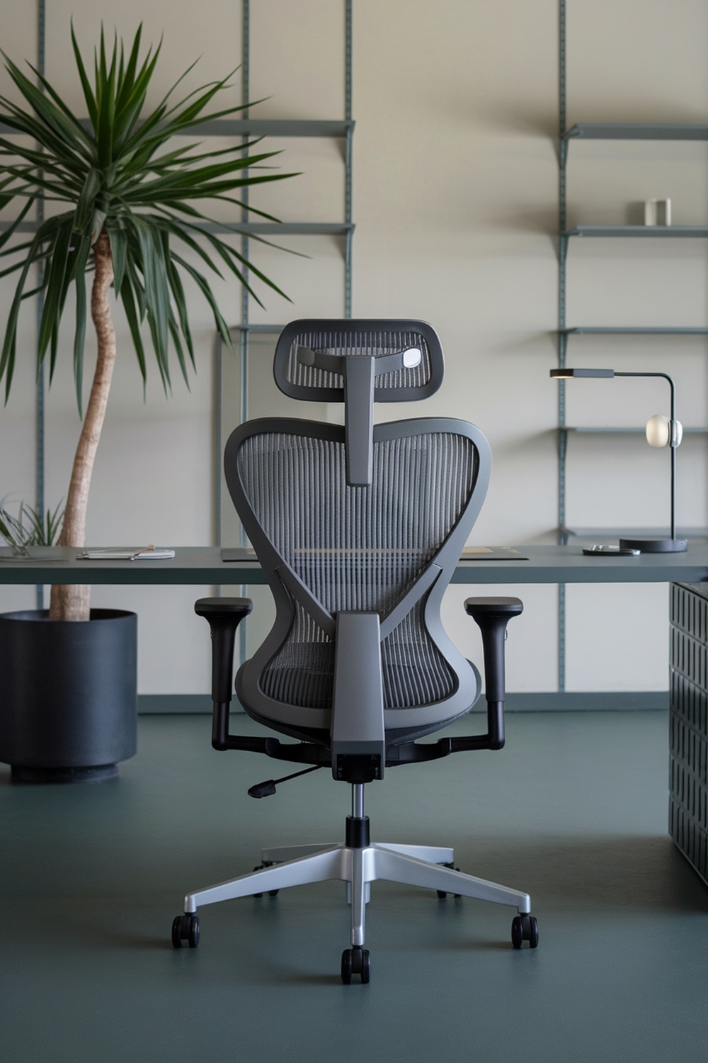 A modern ergonomic minimalist chair in a home office setting with plants and a desk.