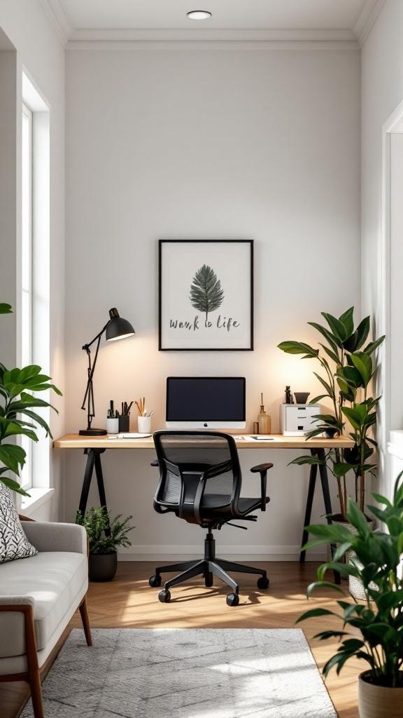 A cozy tiny home office with a desk, computer, and plants, emphasizing work-life balance.