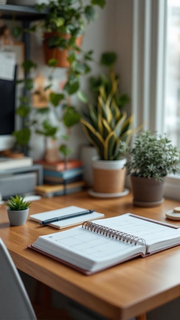 A cozy Tiny Home Office with a planner, plants, and a clean desk setup.