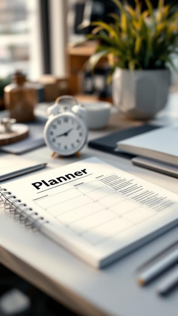 A planner and clock on a desk in a Japandi Home Office setting