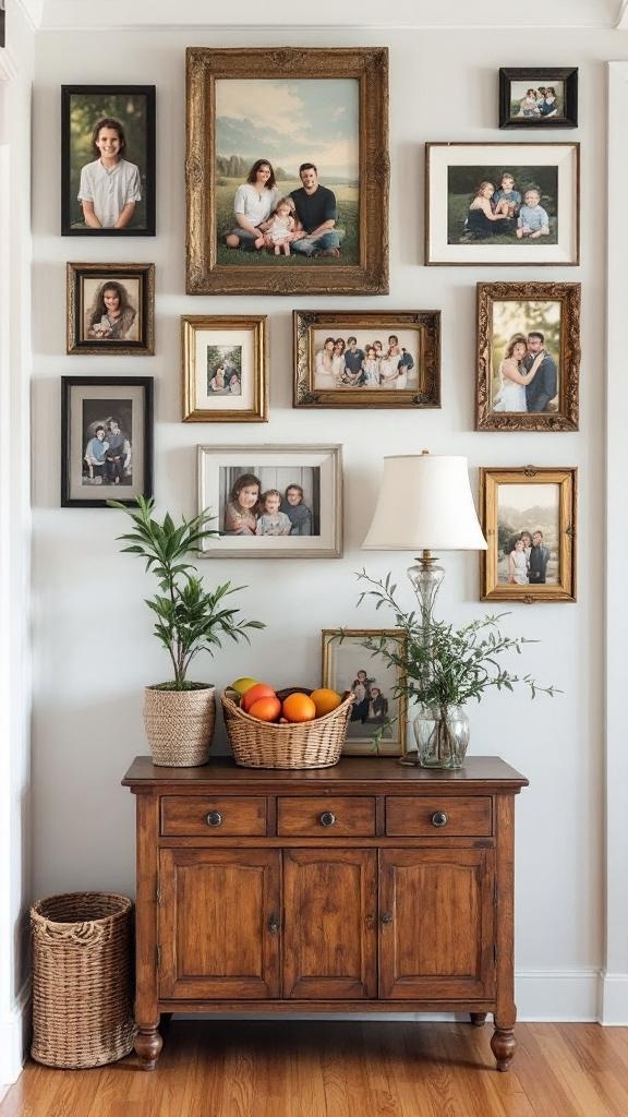 A wall with family photos in vintage frames above a wooden console table with a lamp and a basket of oranges.