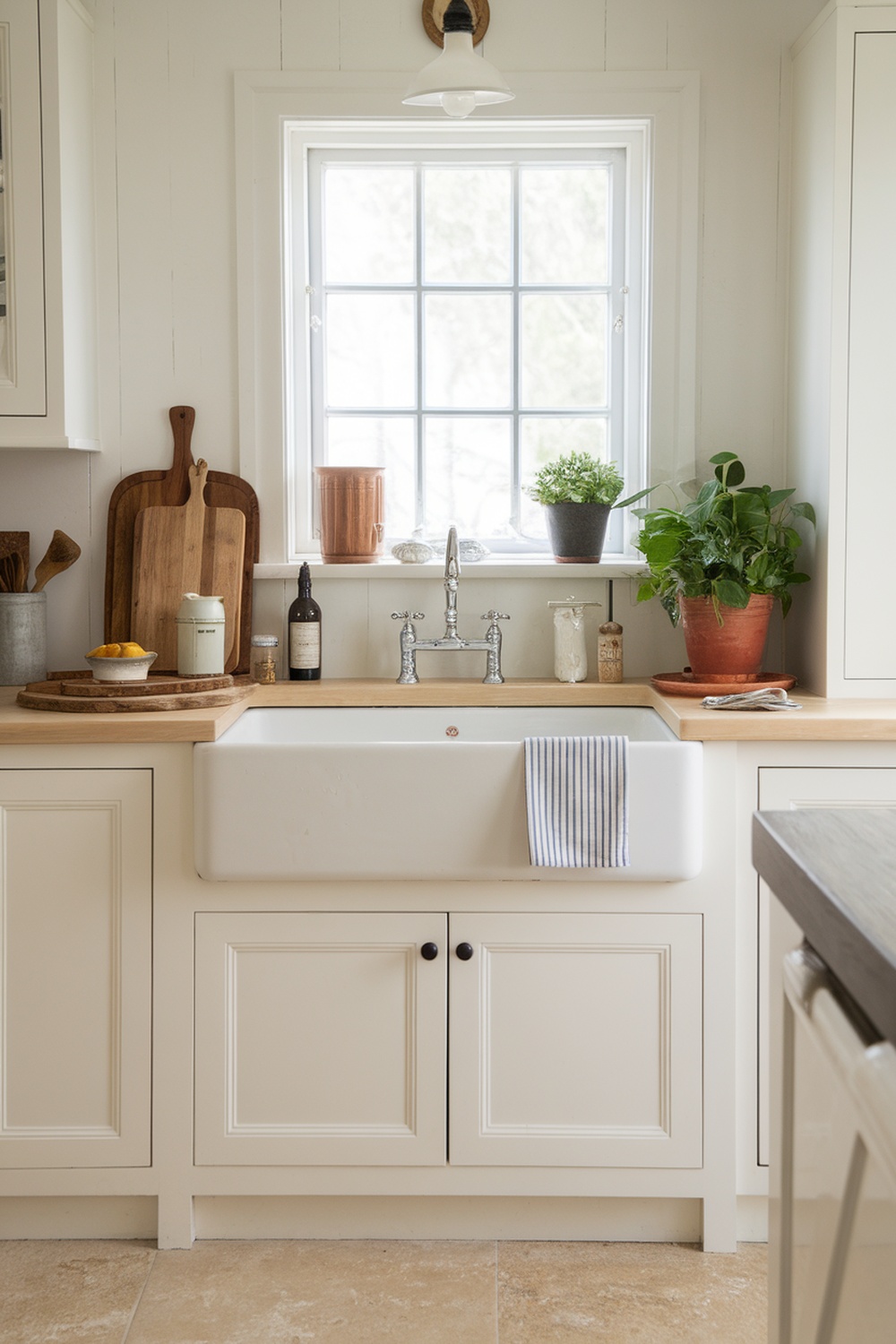 A cozy kitchen featuring a farmhouse sink with a wooden countertop, plants, and decorative items.