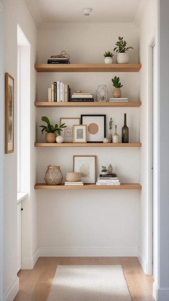 A narrow hallway with wooden floating shelves displaying books and plants.