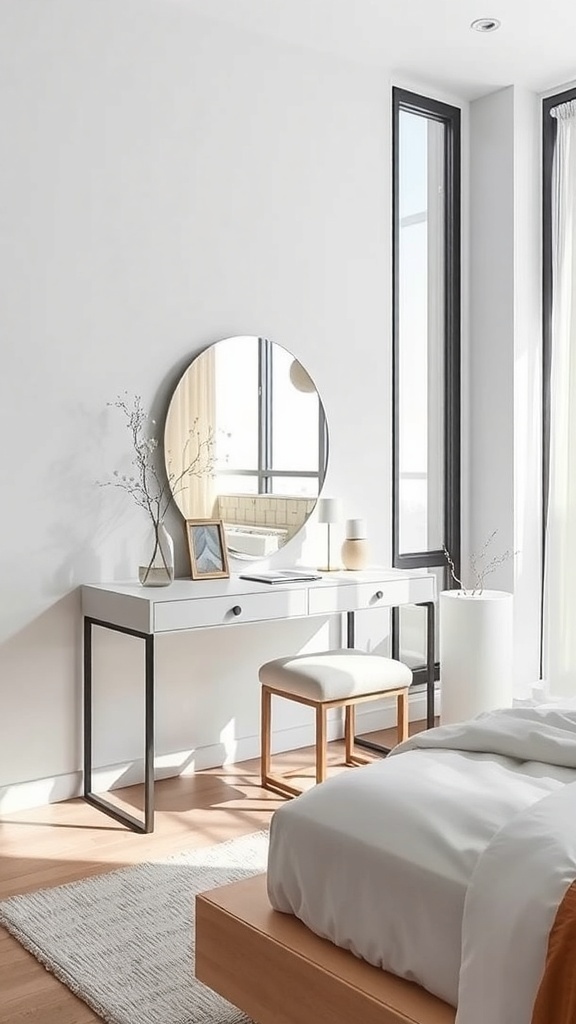 A modern floating vanity with a round mirror, soft lighting, and plants in a stylish bedroom.