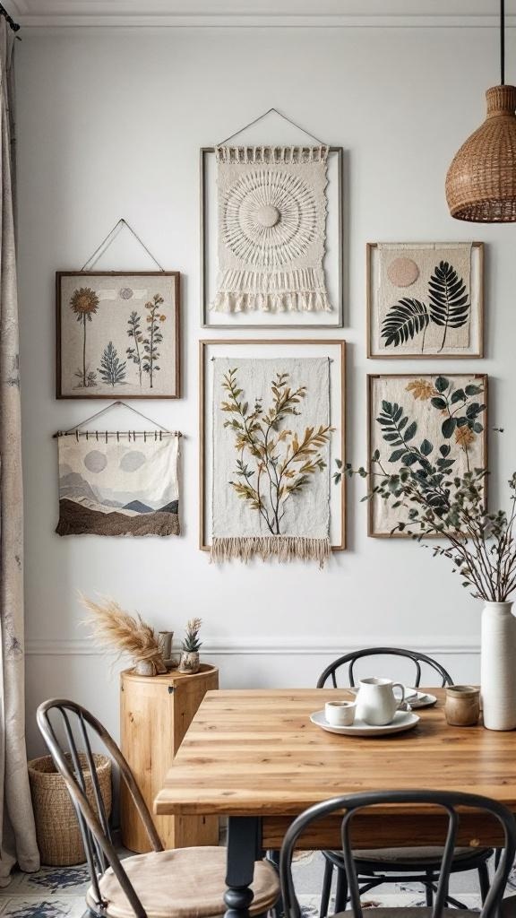 A dining room wall decorated with framed textiles featuring floral and abstract designs, enhancing the cozy atmosphere of the space.