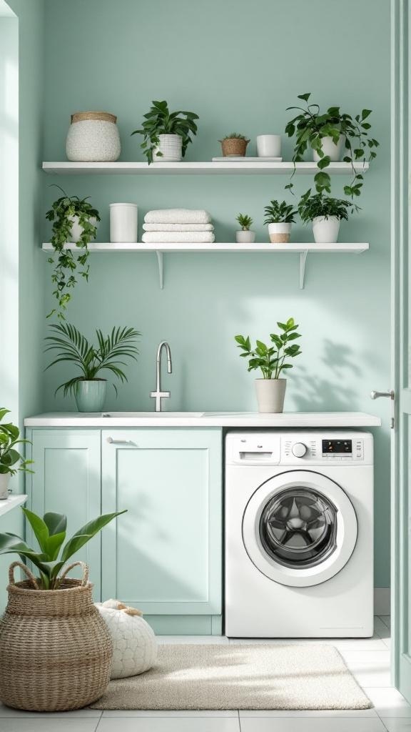 A laundry room with mint green walls, white shelves, and plants.