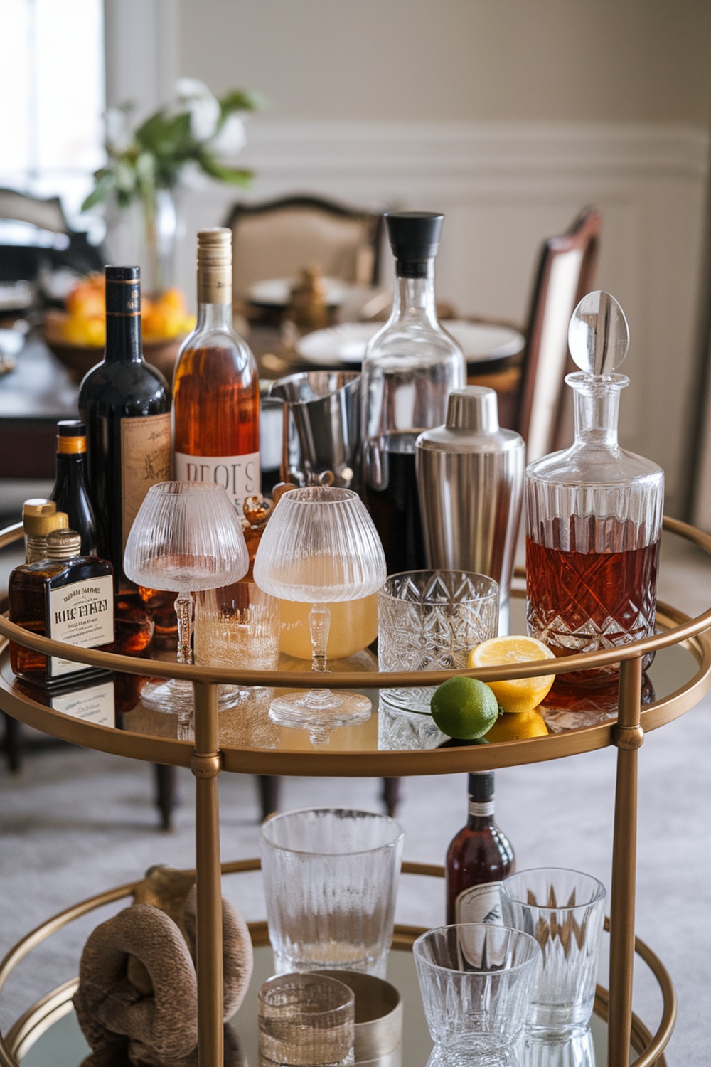 A stylish bar cart with various bottles and glassware, ready for entertaining.