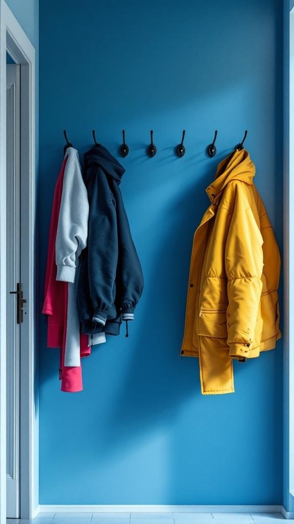A blue hallway with black wall hooks displaying colorful jackets