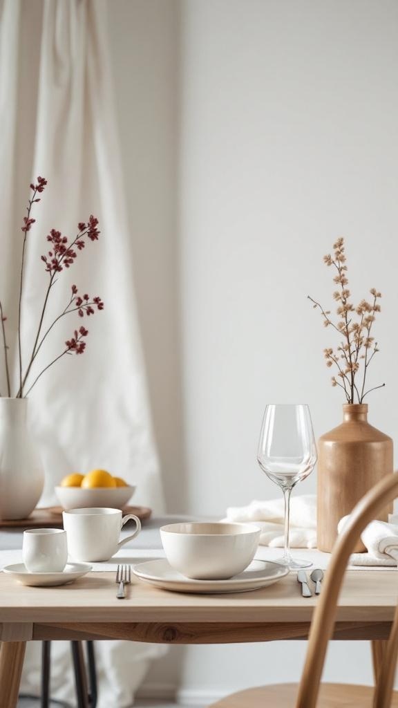 A minimalist dining table set with neutral dinnerware, a glass of wine, and decorative flowers.