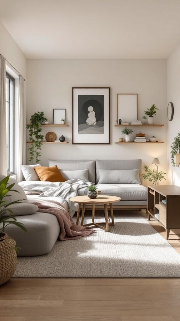 A cozy bedroom with a light-colored couch, wooden coffee table, and decorative shelves.