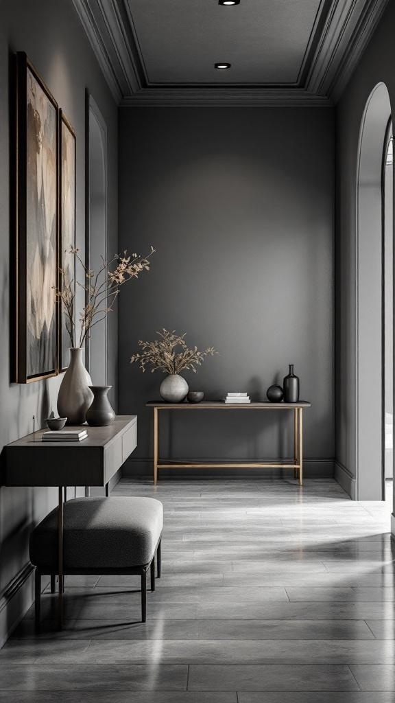 A stylish grey hallway featuring a modern console table, a soft bench, and decorative vases.