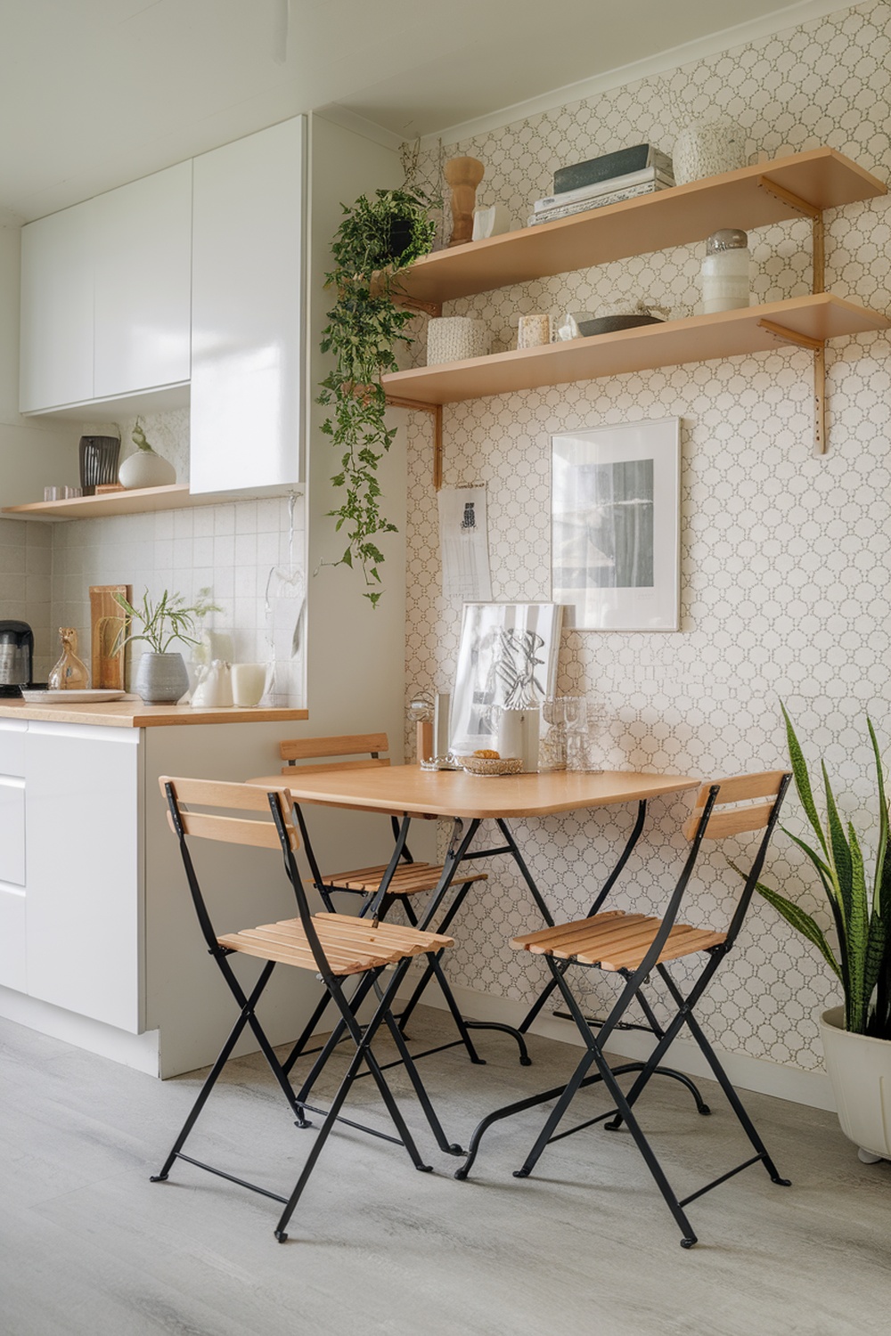 A small dining area featuring a wooden table and folding chairs, with open shelving and decorative items.